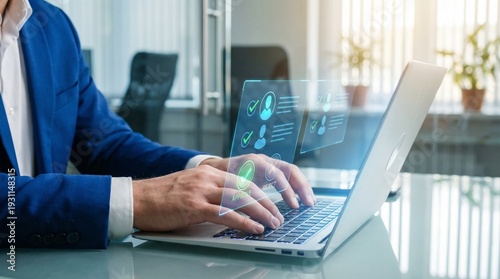 Business professional reviewing candidate profiles on a laptop with holographic interface