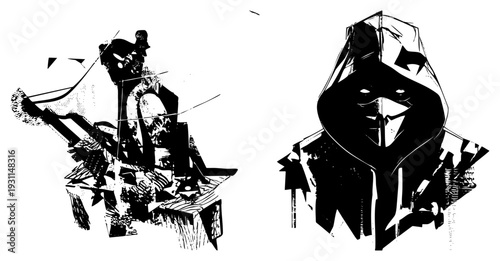 Two stylized figures one masked hooded persona, one abstract warrior with dynamic, rendered in high contrast vector art with sharp geometric forms and expressive ink strokes.