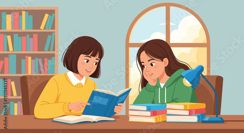 Two Female Students Reading Books Together.