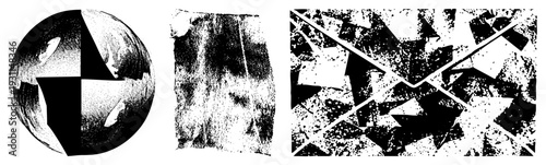 Fragmented spherical and angular shapes rendered in halftone, vector graphic with isolated, stylized geometric abstraction, design.