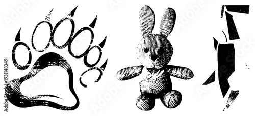 Black and white vector graphics featuring a bear paw print, plush rabbit toy, and abstract shapes, rendered in halftone texture, ideal for tattoo or print design.