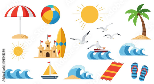 Beach scene with palm tree, sandcastle, and sailboat near waves, showcasing summer vacation elements in a serene environment from an aerial viewpoint