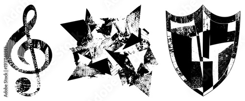Distressed black and white vector treble clef, fragmented starburst, shield. Graphic symbols with halftone grain, ideal for music, gaming, or design.