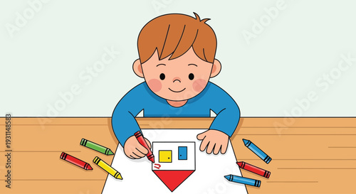 Young Boy Drawing with Colored Pencils.