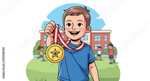 Young Boy Holding Medal with Pride.