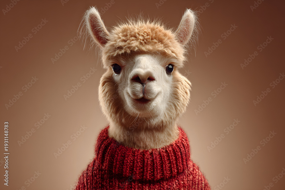 Fototapeta premium Llama wears a red sweater, posing with a friendly expression in a studio setting