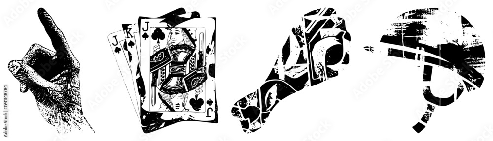 Fototapeta premium Grayscale vector illustration of hand holding playing cards, queen of spades, joker cards, card game symbols, gambling, casino theme.
