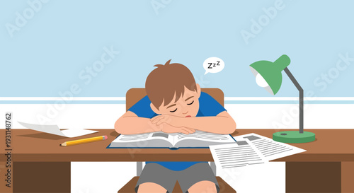 Young Boy Sleeping on Open Textbook.