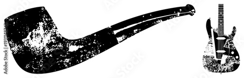 Retro smoking pipe and electric guitar vector, gritty, distressed vintage style, isolated graphic elements, musical instrument and tobacco artifact.