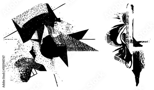 Dynamic abstract shapes with halftone shading, graphic design elements, modern art composition, vector art, black and white abstraction.