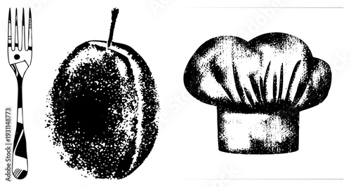 Classic halftone style fork, plum fruit, chef’s toque, food, culinary symbols, stylized vector graphics, retro kitchen elements.
