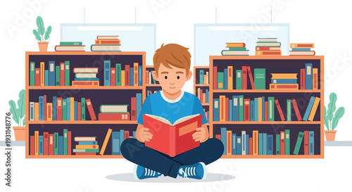 Young Boy Reading a Book Sitting.