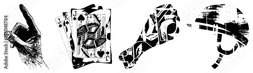 Grayscale vector illustration of hand holding playing cards, queen of spades, joker cards, card game symbols, gambling, casino theme.