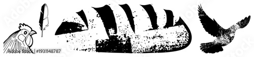 Stylized graphic set featuring rooster, feather, rustic bread loaf, and airborne bird, rendered in bold with textured halftone effects, suitable for design or print.