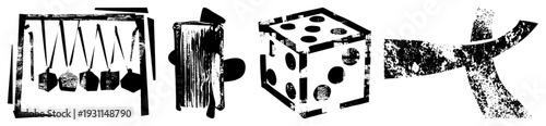 Newton’s pendulum, dice, book, stylized letter K grunge, educational and gaming motifs, distressed texture, isolated graphic elements.