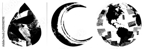 Graphic rendered in halftone stylized water droplet, moon, and globe with continents, vector art, isolated design elements.