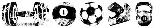 Vintage textured gym gear symbols including dumbbell, billiard ball, soccer ball, boxing gloves, kettlebell gritty vector set for fitness branding or retro sports apps.