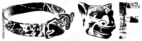 Three vector gargoyle head, belt buckle, and letter F, all in halftone dot, isolated on transparent background, stylized gothic and glyph design.