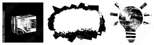 Retro radio receiver with textured screen, grainy halftone print, distressed edges, analog device, vintage electronics, speckled noise.