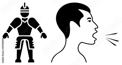 Futuristic robot and human profile blowing air, side view contrast, stylized silhouette, vector set, breath visual metaphor.