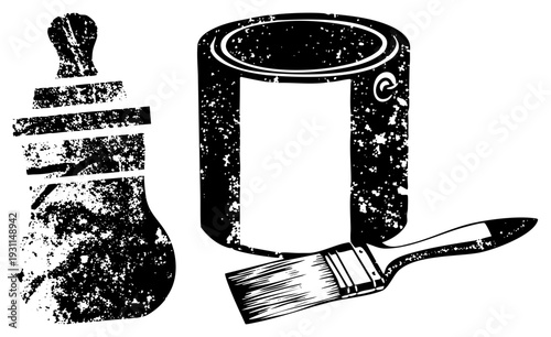 Rustic paint can with brush, spray bottle, and textured halftone effects, DIY art supplies, creative tools, black and white illustration.