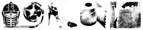 Black and white vector armored helmet, film reel, stiletto heel, toilet paper, urban graffiti wall. Graphic symbols with distressed texture.