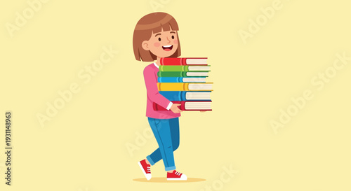Young Girl Holding Stack of Books.