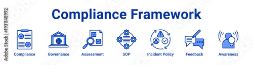 Compliance Framework Icon Banner blue color