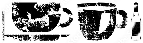 Distressed coffee cup with saucer, halftone beer bottle, vintage graphic style, beverage, textured vector art.