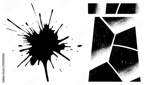 Bold ink splatter graphic with radiating drips, paired with fragmented halftone blocks, ideal for graphic design, print, or digital art. Also known as ink burst and tonal geometry.