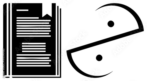 Philosophical balance symbol, yin yang, open book with text, wisdom and harmony, spiritual, black and white vector graphic.