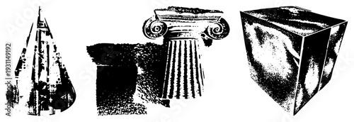 Ancient column with Ionic capital, modernist cone, and cuboid block, all in halftone dot, vector design, architectural motifs, graphic illustration.