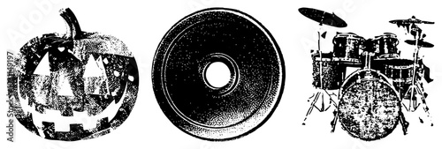 Grinning jack o lantern, circular speaker cone, full drum set all rendered in halftone dot. Ideal for music, Halloween, or retro design projects.