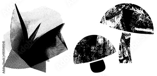 Stylized mushroom illustrations using halftone, abstract fungal shapes, graphic design elements, black and white vector art, isolated foreground.