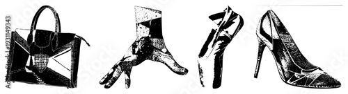 Fashionable handbag, high heeled shoes, and accessories rendered in halftone style, vector art, chic design, luxury items, fashion illustration.