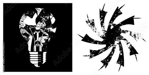 Halftone textured lightbulb with comic book splatter art inside, vector illustration, creative symbol, idea generator graphic.