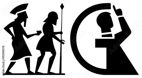 Stylized black silhouettes of ancient Greek, one holding spear, one with cup, beside a bold letter G with raised hand gesture, minimalist vector art.