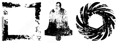 Decorative black silhouettes including scalloped frame, classic bell, and swirling feather wreath, ideal for graphic design, print, or digital art projects.