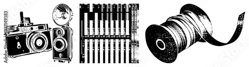 Classic analog camera with external flash, film spool, and shutter design, retro gear, vector art, isolated graphic elements.