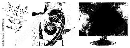 Stylized plant silhouette, halftone spheres, abstract monitor form vector art, graphic design,, isolated elements, glyph style, flat illustration, digital texture.