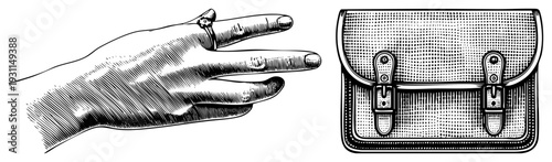Detailed halftone hand with ring, vintage satchel bag with buckles, engraved art, retro fashion accessory, illustration.