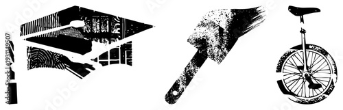 Distressed black and white vector of academic cap, artist’s brush, and unicycle with halftone texture, ideal for creative branding or educational themes.