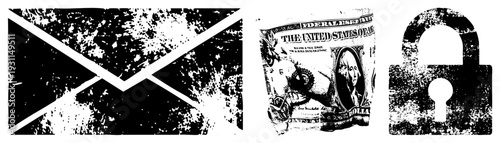 Distressed digital envelope, dollar bill, padlock, texture, graphic design elements, security and finance symbols.