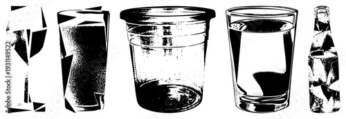Graphic depiction of drink vessels including wine glass, tumbler, plastic cup, water glass, and soda bottle, rendered in high contrast halftone style with geometric shading and isolated.