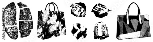Black and white halftone fashion items including tote bags, crumpled clothing, and abstract, vector illustration, stylized urban wear.