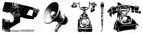 Retro megaphone, rotary phone, and microphone rendered in halftone vector art, classic communication tools, analog era tech, graphic design elements.