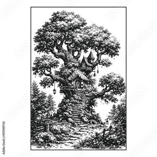 Vintage Enchanted Treehouse Illustration