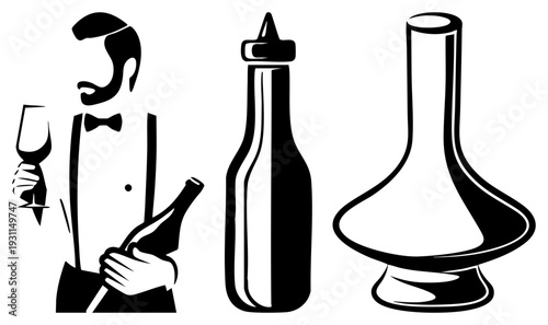 Classic wine steward holding glass and bottle, elegant decanter, wine bottle, sommelier attire, vintage bar service, black and white vector art.