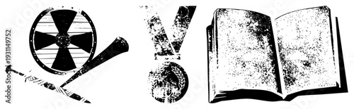 Grunge style radiation, laurel wreathed medal, open book with speckled texture, vector design, isolated elements, symbolic, educational or warning context.