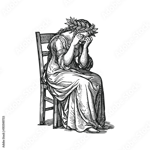 Crying Noblewoman with Laurel Wreath and Classical Drapery Engraving
